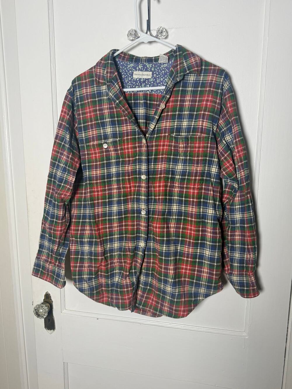 VTG 80s Banana Republic Boxy Flannel Shirt Tartan Scotch Plaid Red Blue Green LG